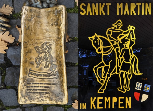 Martin bag of the sculpture with the title Sankt Martin in Kempen by Michael Franke and poster at the town hall, Kempen, North Rhine-Westphalia, Germany