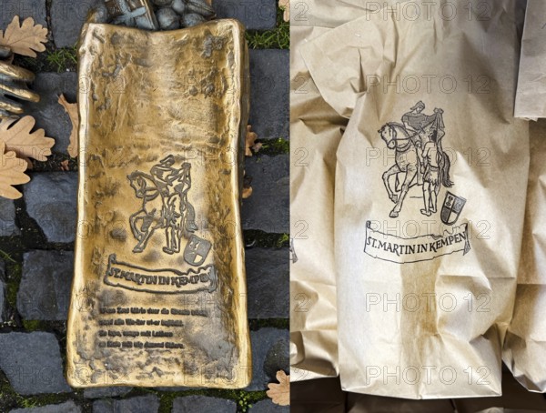 Comparison of Martin bag of bronze sculpture with the title Saint Martin in Kempen by Michael Franke and real Martin bag, Kempen, North Rhine-Westphalia, Germany