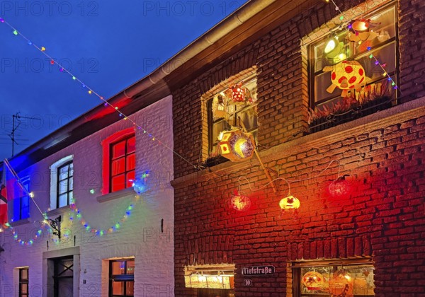 Tastefully decorated Tiefstraße in the evening for Martin's procession, Kempen, Lower Rhine, North Rhine-Westphalia, Germany