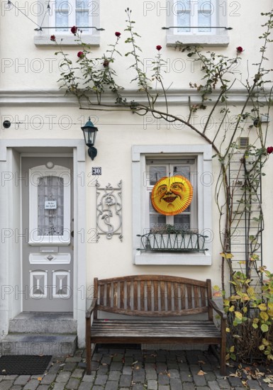 Decorated house façade for the traditional Martin procession in Tiefstraße, Altstadt, Kempen, Lower Rhine, North Rhine-Westphalia, Germany