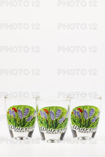 Three shot glasses decorated with floral design on a white background