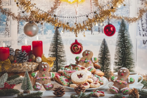 Decorated Christmas table with cookies and festive ornaments