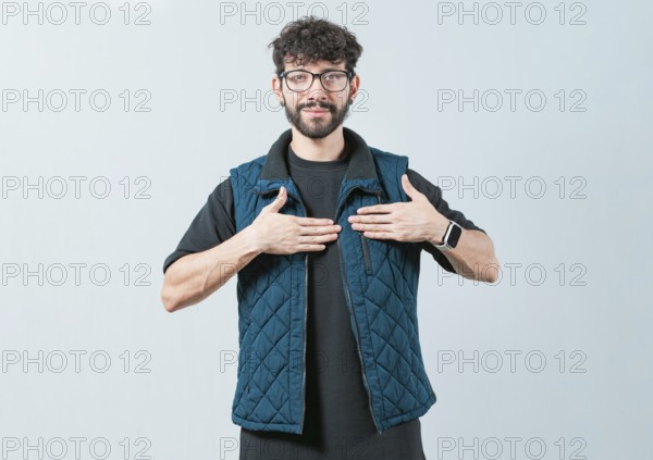 Person gesturing GRATITUDE in sign language. Guy making gesture GRATEFUL in sign language isolated