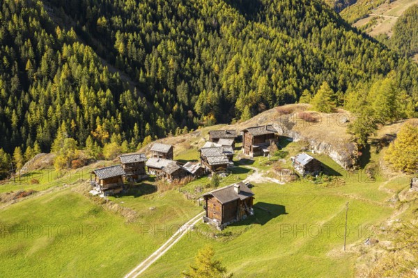 Traditional wooden huts on Alpe near Evolene, Val d'Herens, Canton of Valais, Switzerland