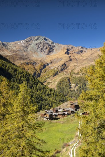 Traditional wooden huts on Alpe near Evolene, Val d'Herens, Canton of Valais, Switzerland