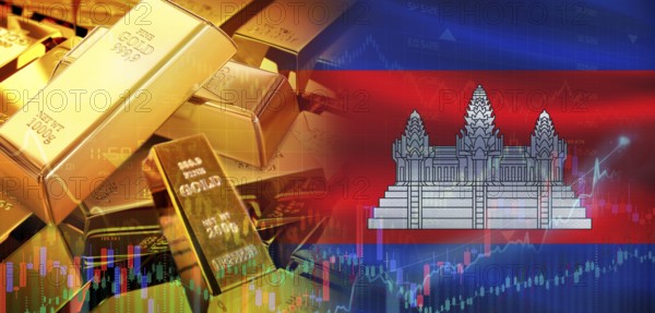 Gold bars stacked on Cambodian flag. Cambodia gold reserves, Concept