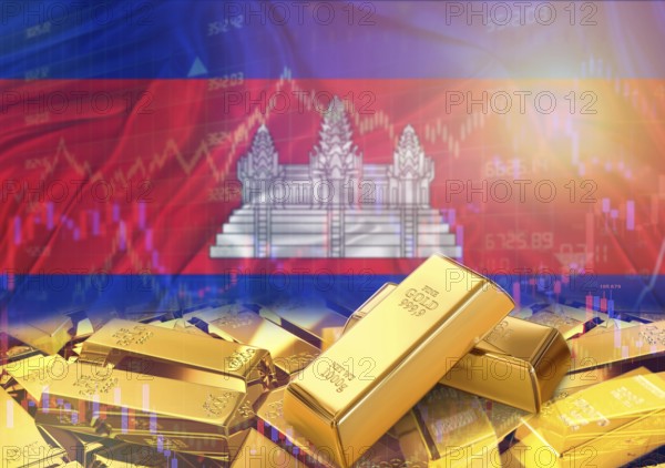 Gold bars on Cambodia flag in background. Gold bars stacked on Cambodian flag. Concept of Cambodia gold reserves