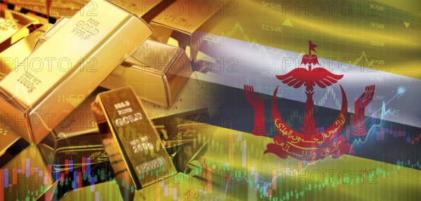 Gold bars stacked on Bruneian flag. Brunei gold reserves, Concept