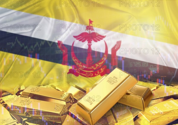 Gold bars on Brunei flag in background. Gold bars stacked on Bruneian flag. Concept of Brunei gold reserves