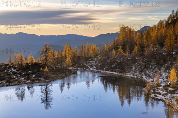 Laghetto dei Saléi mountain lake with autumnal larches (Larix), Onsernone Valley, Canton of Tessin, Switzerland