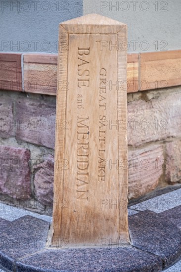 Salt Lake City, Utah - The Salt Lake Meridian Initial Point at Temple Square in downtown Salt Lake City, selected by Brigham Young in 1847. Most of Utah was surveyed starting from this point