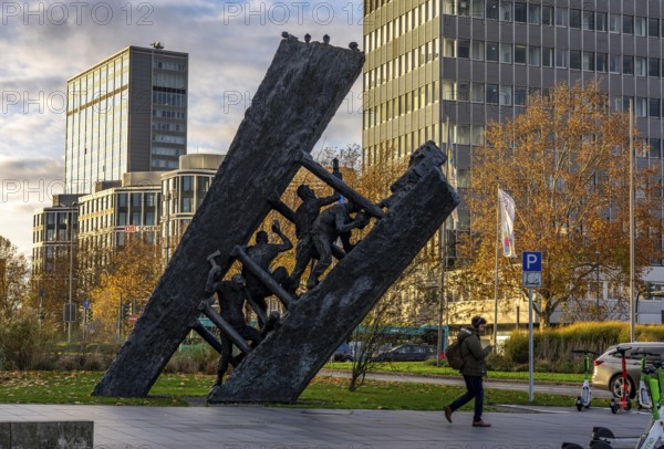 Downtown Essen, Miners' Monument Steile Lagerung, am Europaplatz, high-rise office buildings, at the main train station, North Rhine-Westphalia, Germany
