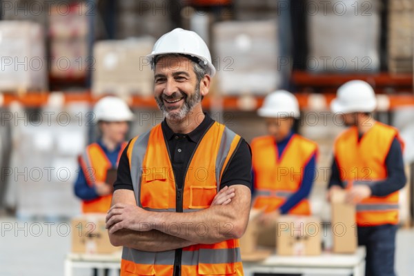 Smiling male warehouse worker with a beard and white hardhat posing with arms crossed while other logistics team members are working in the background