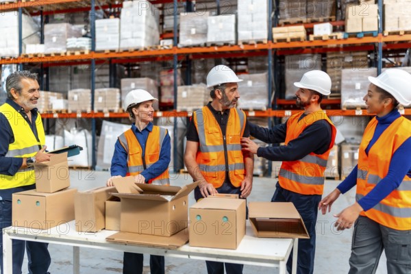 Diverse team of warehouse workers wearing safety vests and hard hats collaborating while packing cardboard boxes on a table in a busy logistics distribution center