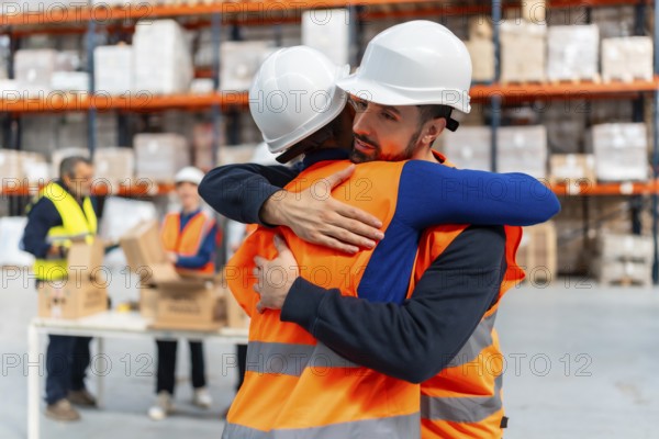 Two diverse warehouse workers wearing safety vests and hardhats embracing in a logistics facility, symbolizing unity, support, and a strong sense of camaraderie among colleagues