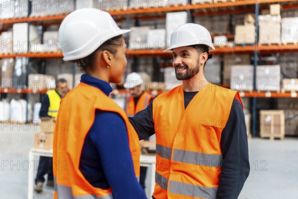 Two diverse warehouse workers wearing safety hard hats and vests are confidently smiling and collaborating in a logistics distribution center, demonstrating teamwork and professional communication