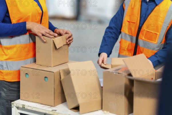 Warehouse workers in safety vests pack and sort cardboard boxes for shipment, demonstrating efficient logistics, team order fulfillment and industrial e commerce operations