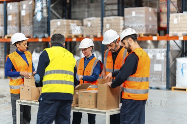 Diverse warehouse team in hardhats and hi vis vests sorting and packing cartons on a long table inside a busy industrial distribution center, focused on efficient fulfillment operations