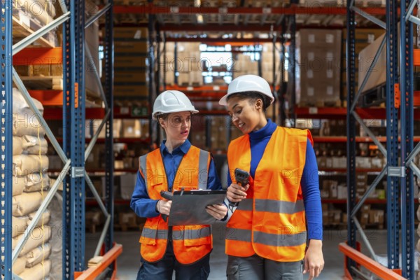 Two diverse female workers collaborating and verifying stock levels with a barcode scanner and clipboard inside a large industrial logistics warehouse