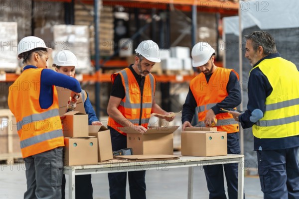 Group of diverse workers wearing hard hats and safety vests packing cardboard boxes on a table, preparing orders for distribution in a busy logistics warehouse environment