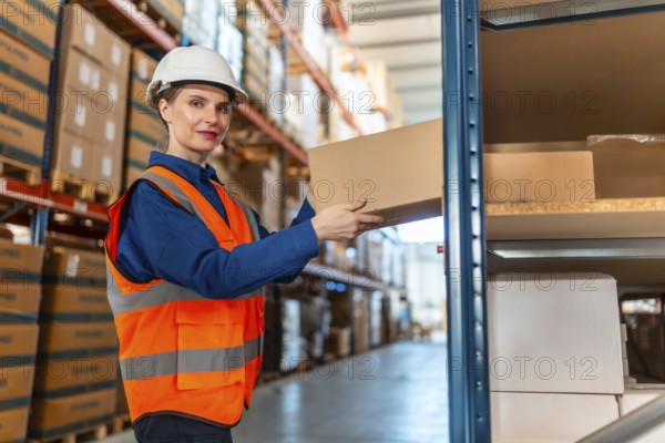 Woman worker wearing safety helmet and reflective vest, putting a cardboard box on a shelf in a large logistics warehouse, managing inventory and shipping operations