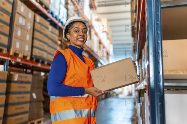 Professional female warehouse worker in hard hat and safety vest holding a carton, smiling confidently amid busy distribution center aisles stacked with packages and inventory