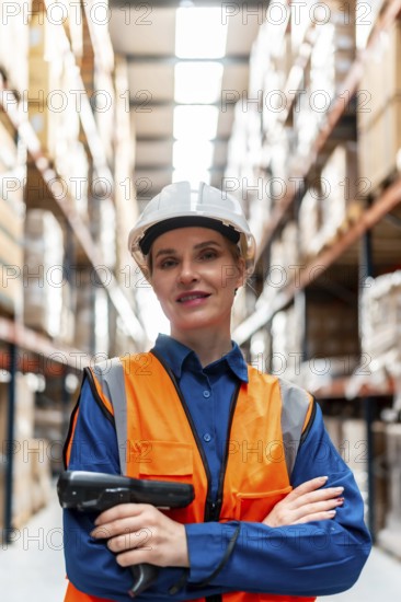 Confident woman working in a busy logistics warehouse, wearing a hard hat and safety vest, holding a barcode scanner while managing stock and supply chain operations
