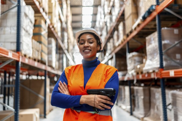 Smiling black woman worker wearing safety vest and hard hat, holding a scanner while standing with arms crossed in a large logistics warehouse filled with stacked boxes and inventory
