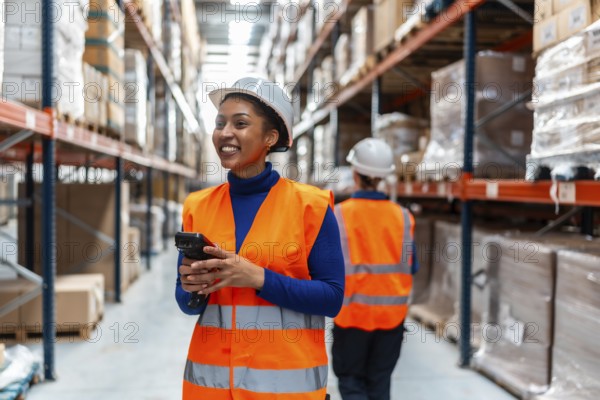 Young woman worker smiling, wearing a safety vest and hardhat, holding a barcode scanner while conducting inventory in a logistics warehouse, ensuring efficient supply chain operations