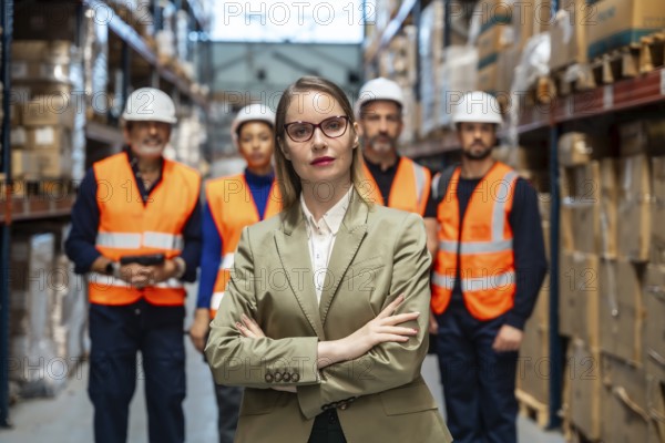 Confident female manager with arms crossed leading a diverse warehouse logistics team in a busy distribution center, symbolizing leadership, teamwork and efficient operations