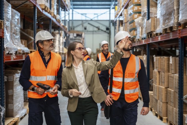 Female logistics manager wearing a suit and glasses discussing inventory levels with male workers in uniforms and hard hats within a large industrial warehouse during an inspection