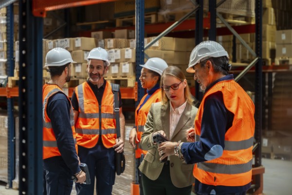 Warehouse manager and diverse workers standing together, reviewing operations and inventory data on a barcode scanner, ensuring efficient logistics and supply chain processes