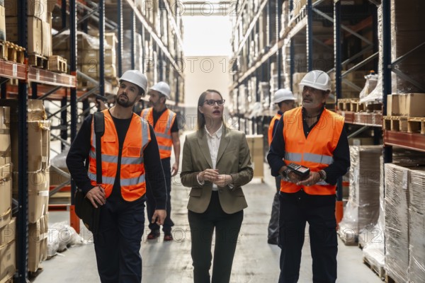 Diverse logistics team led by a female manager inspects inventory and scans boxes between tall shelves in a busy warehouse, wearing hardhats and safety vests for efficient operations