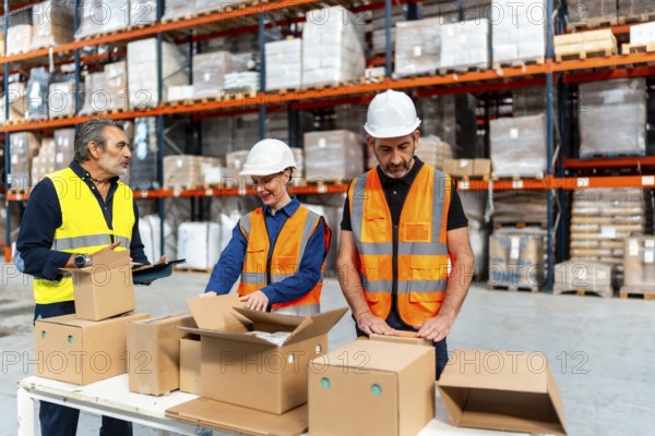 Team of diverse workers, wearing safety vests and hard hats, collaborating on packaging and preparing cardboard boxes for shipping in a modern industrial warehouse