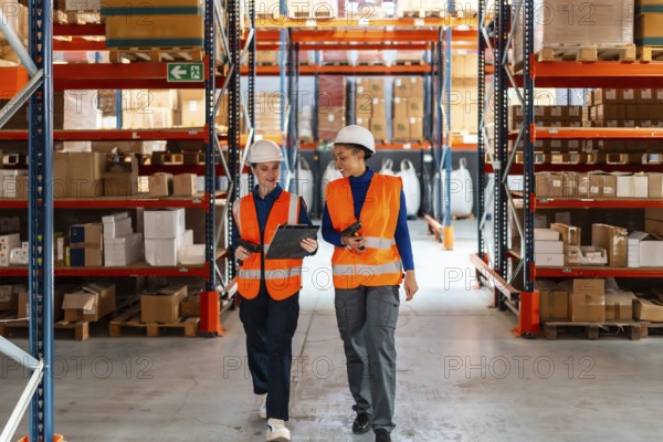 Two diverse female workers wearing safety vests and hard hats, discussing inventory management while walking through a modern logistics warehouse filled with stacked boxes and shelving