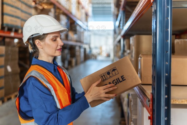 Woman warehouse worker wearing safety helmet and vest, inspecting a cardboard box with fragile label for safe storage and inventory management in a modern logistics warehouse
