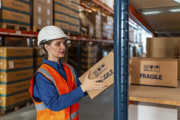 Worker in safety gear handling a fragile package, organizing inventory on a shelf in a modern distribution warehouse, ensuring efficient supply chain management and storage