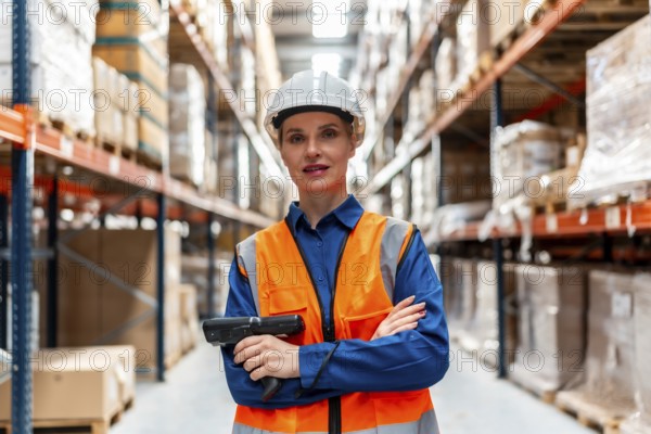 Woman logistics professional wearing a safety hard hat and high visibility vest, holding a barcode scanner while standing confidently in a modern storage warehouse aisle with inventory shelves