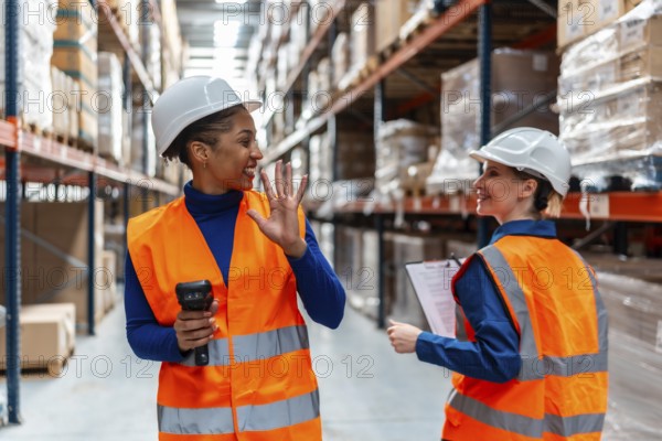 Two smiling female logistics workers wearing hard hats and safety vests collaborating while working in a modern distribution warehouse, discussing tasks and scanning inventory