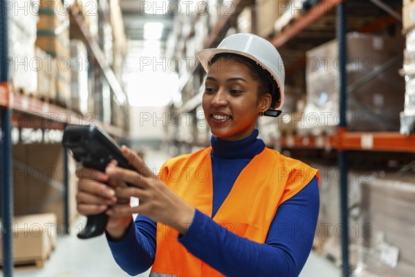 Young woman warehouse worker in safety hard hat and reflective vest scanning inventory with a barcode scanner amid racks of boxes, smiling while managing modern logistics operations