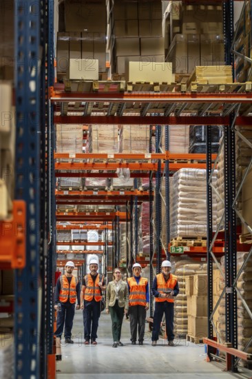 Diverse logistics team standing together in a large modern distribution warehouse, supervising inventory and operations within the shipping and receiving facility