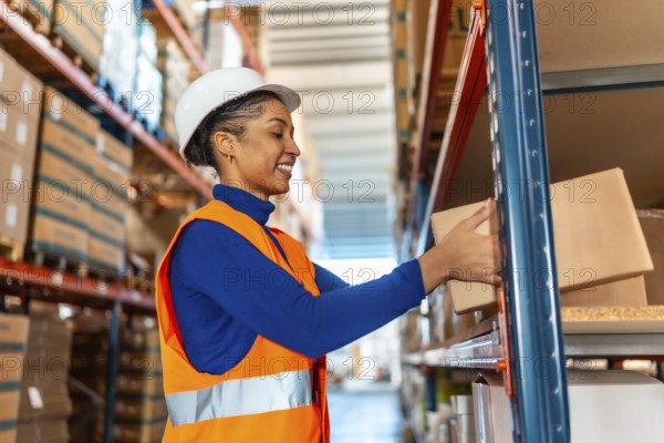 Smiling young woman, wearing a safety helmet and high visibility vest, arranging cardboard boxes on shelves in a busy modern logistics warehouse, focusing on efficient storage and distribution