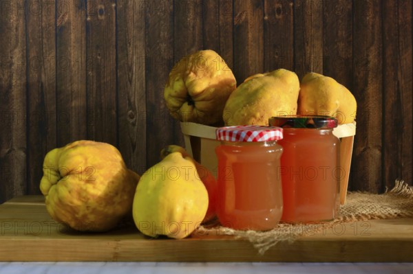 Still life with quinces and homemade quince jelly, autumn, Germany
