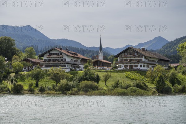View of town with church of the Assumption of Mary, Bad Wiessee, Upper Bavaria, Bavaria, Germany