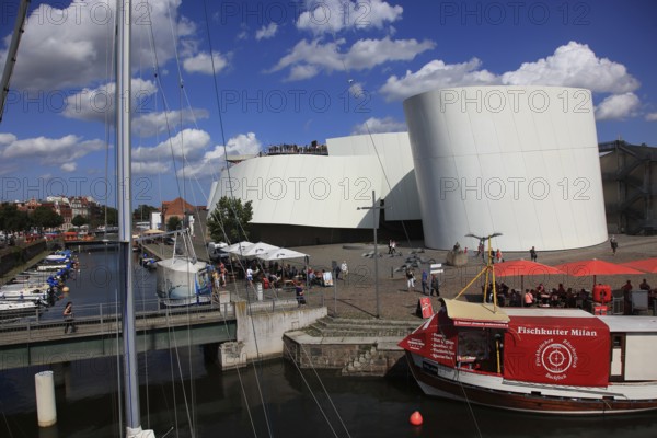 Restaurant, Fishing Trawler Milan, Ozeaneum, Seemuseum Stralsund, Museum of Oceanography and Fisheries, Aquarium and German Maritime Museum, Stralsund, Vorpommern-Rügen district, Mecklenburg-Western Pomerania, Germany