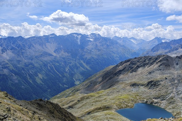 Scenic view from Gaislachkogel over the Ötztal Alps and down into the Ötztal near Sölden, Tyrol, Austria