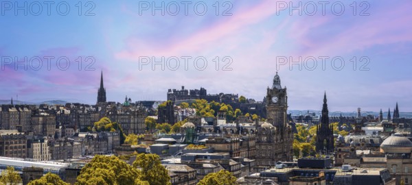 The Old and New Towns of Edinburgh panoramic skyline city view from Calton Hill. A Unesco site