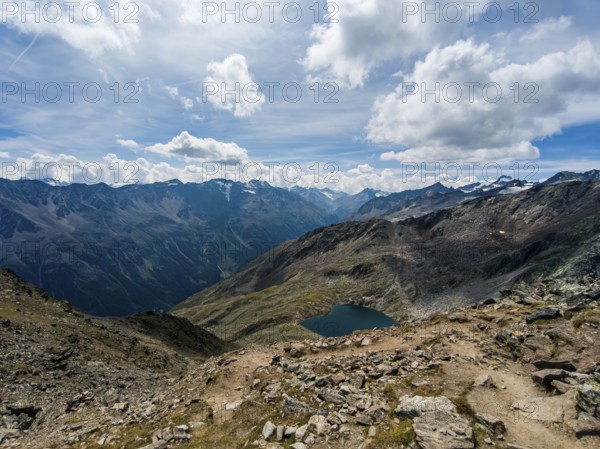 Scenic view from Gaislachkogel over the Ötztal Alps and down into the Ötztal near Sölden, Tyrol, Austria