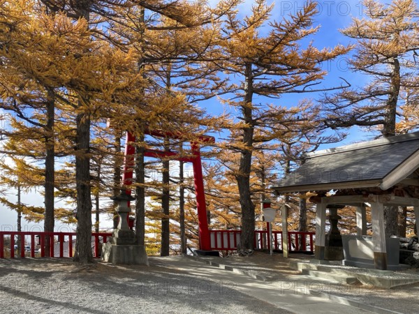 Mount Fuji Lookout, Fujiyoshida city in Yamanashi Prefecture, Japan. Entrance to Fujisan Komitake Shrine and Hinode Observatory Deck at Hinode Park in Kamifurano, Hokkaido. Panoramic views of the Tokachi mountain
