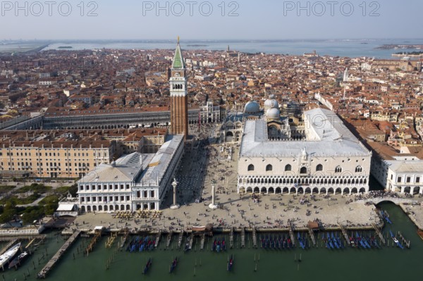Aerial view of Piazzetta, columns of St. Mark and St. Theodorus, St. Mark's Square, Doge's Palace, Campanille, Venice, Veneto, Italy